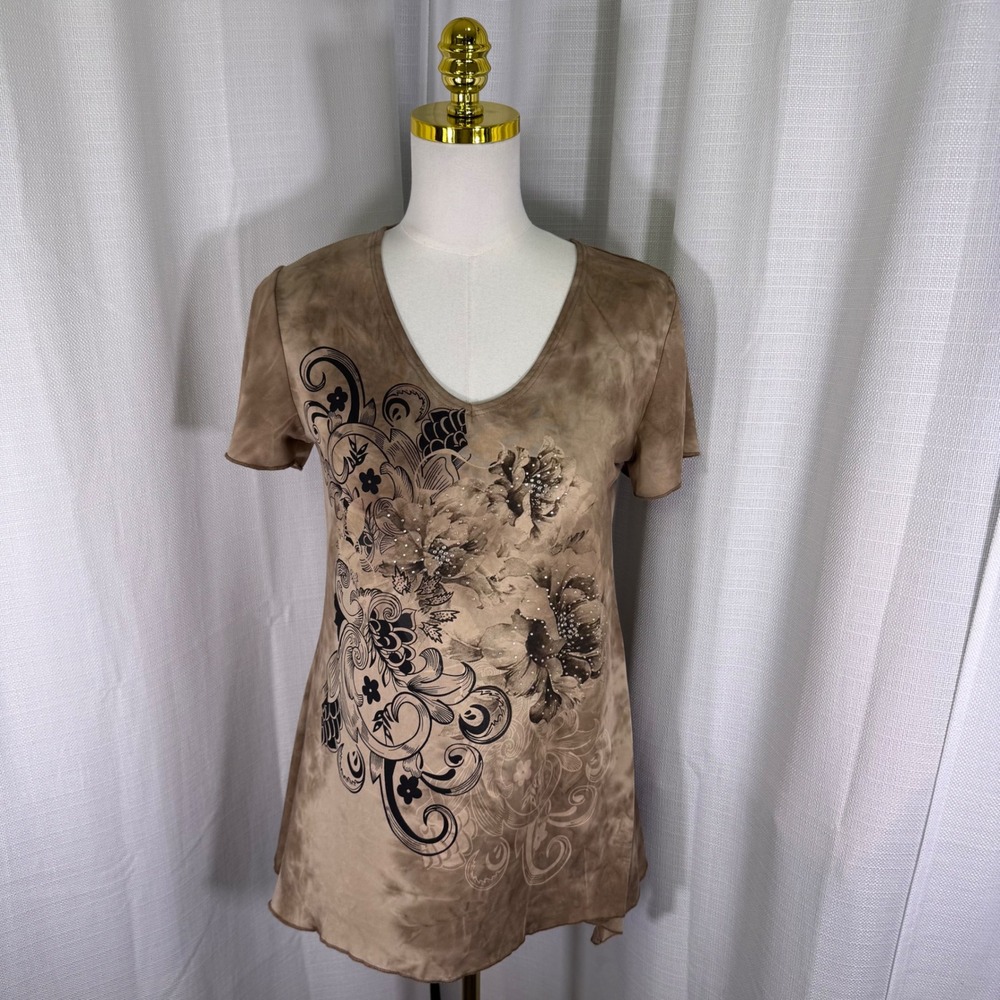 Sienna Grace Graphic Tunic Women Small Brown Tie Dye Rhinestone Floral Y2K Indie